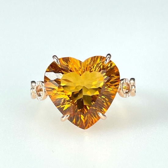 14k Gold 8.90 Ct Natural Citrine & Diamond & Solitaire Ring
