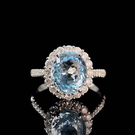 14k Gold 2.80 Ct Natural Aquamarine & Diamond & Cocktail Ring