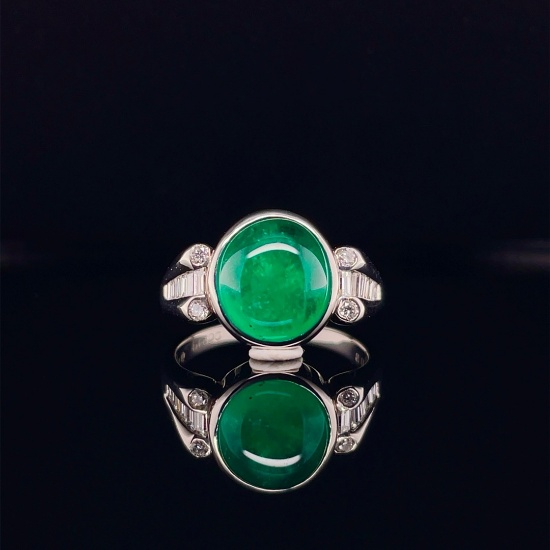 14k Gold 4.39 Ctw Vivid Green Natural Emerald & Diamond Ring