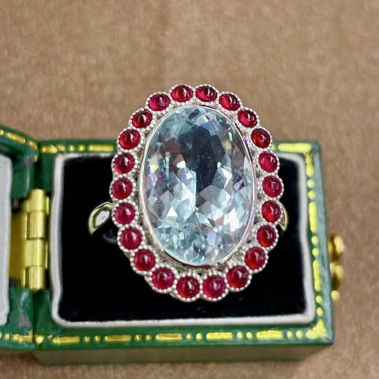 14k Gold 6.07 Ctw Natural Aquamarine & Ruby Ring