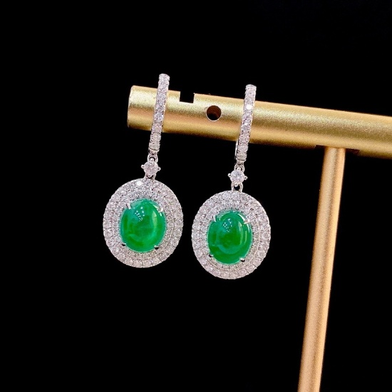 14k Gold 3.63 Ctw Vivid Green Natural Emerald & Diamond Earrings