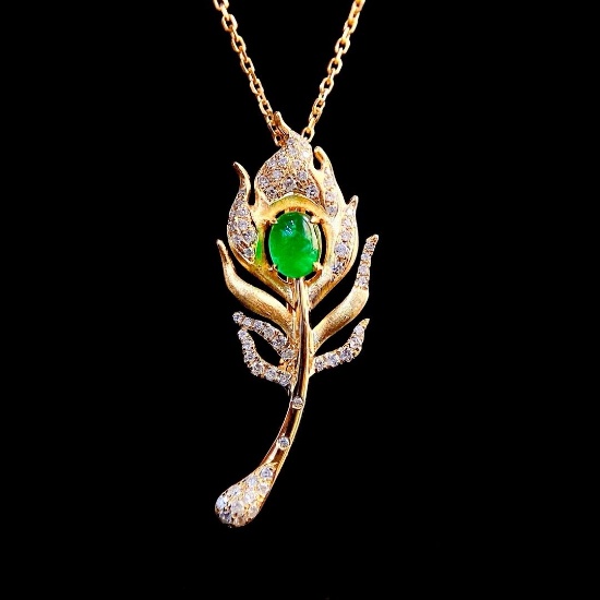 14k Gold 0.48 Ctw Vivid Green Natural Emerald & Diamond Brooch/pendant