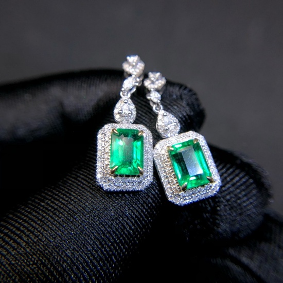 14k Gold 2.11 Ct Vivid Green Natural Emerald & Diamond Earrings