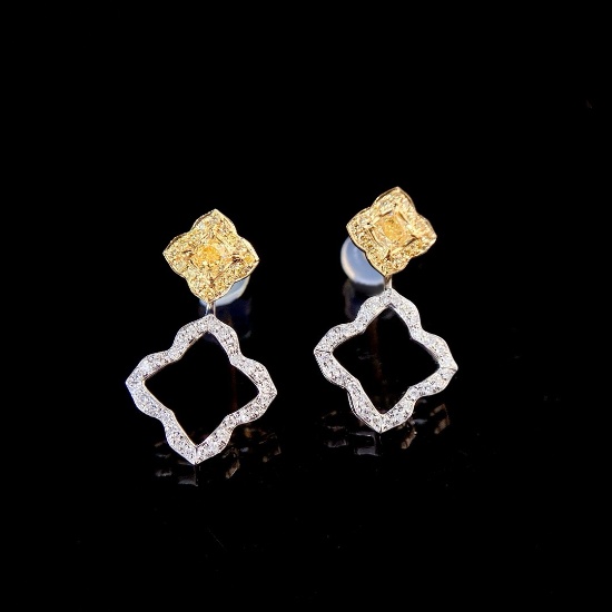 14k Gold 0.60 Ctw Natural Yellow Diamond & Diamond Earrings