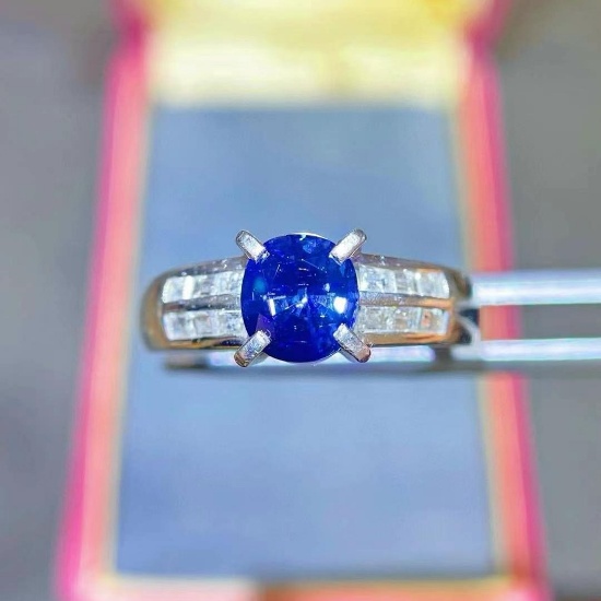 14k Gold 1.55 Ctw Vivid Blue Natural Sapphire & Diamond Ring