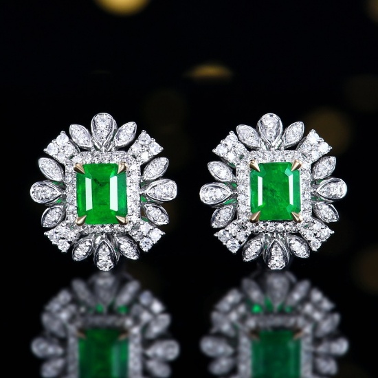 14k Gold 1.13 Ctw Vivid Green Natural Emerald & Diamond Earrings