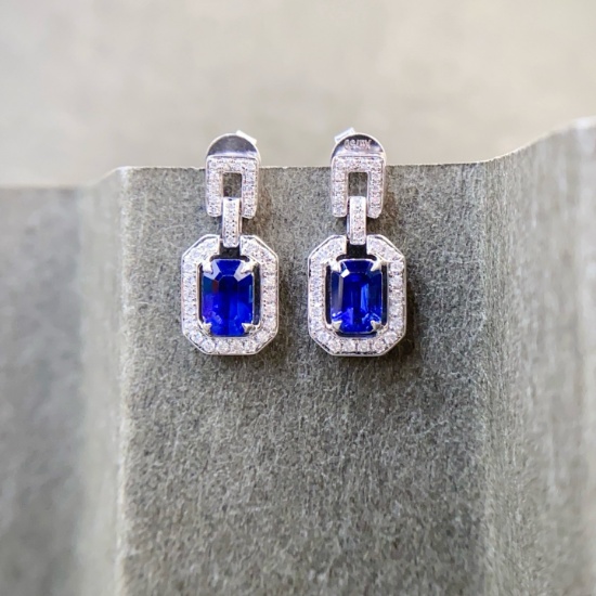 14k Gold 1.48 Ctw Vivid Blue Natural Sapphire & Diamond Earrings