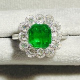 14k Gold 1.99 Ctw Vivid Green Natural Emerald & Diamond & Cocktail Ring