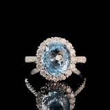 14k Gold 2.80 Ct Natural Aquamarine & Diamond & Cocktail Ring