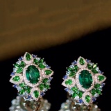 14k Gold 3.70 Ctw Natural Emerald & Diamond Earrings