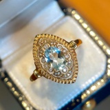 14k Gold 0.60 Ct Natural Aquamarine & Diamond & Art Deco Ring