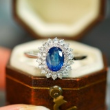 14k Gold 1.20 Ct Vivid Blue Natural Sapphire & Diamond Ring