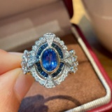 14k Gold 1.45 Ct Natural Sapphire & Diamond & Art Deco Ring