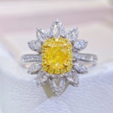 Gia Certified 14k Gold 1.11 Ctw Natural Yellow Diamond & Diamond & Cocktail Ring