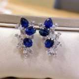 14k Gold 3.14 Ctw Vivid Blue Natural Sapphire & Sapphire Earrings
