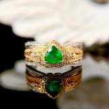 14k Gold 0.84 Ctw Vivid Green Natural Emerald & Diamond Ring