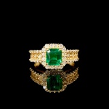 14k Gold 1.48 Ctw Vivid Green Natural Emerald & Diamond Ring