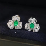 14k Gold 0.66 Ctw Vivid Green Natural Emerald & Diamond Earrings