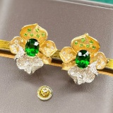 14k Gold 2.73 Ctw Vivid Green Natural Tsavorite & Diamond & Flowers Earrings