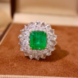 14k Gold 5.92 Ctw Vivid Green Natural Emerald & Diamond Ring