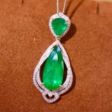 14k Gold 7.89 Ctw Vivid Green Natural Emerald & Diamond Pendant