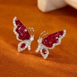 14k Gold 2.26 Ctw Vivid Red Natural Ruby & Diamond & Butterfly Earrings
