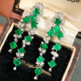 14k Gold 3.97 Ctw Vivid Green Natural Emerald & Diamond Earrings