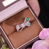 14k Gold 1.26 Ctw Vivid Green Natural Emerald & Diamond Ring