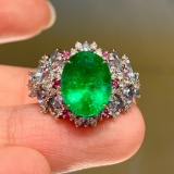14k Gold 3.6 Ct Vivid Green Natural Emerald & Diamond Ring