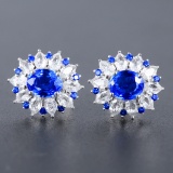 14k Gold 2.60 Ctw Vivid Blue Natural Sapphire & Sapphire Earrings
