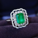14k Gold 2.03 Ctw Vivid Green Natural Emerald & Diamond Ring