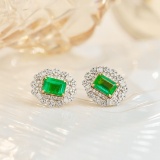 14k Gold 2.20 Ct Vivid Green Natural Emerald & Diamond Earrings
