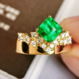 14k Gold 1.17 Ctw Vivid Green Natural Emerald & Diamond Ring