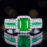 14k Gold 1.74 Ctw Vivid Green Natural Emerald & Diamond Ring