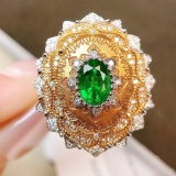 14k Gold 1.53 Ctw Vivid Green Natural Emerald & Diamond & Art Deco Ring