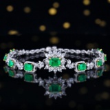 14k Gold 3.17 Ctw Vivid Green Natural Emerald & Diamond Bracelet