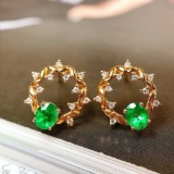 14k Gold 0.61 Ctw Vivid Green Natural Emerald & Diamond Earrings