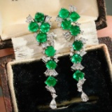 14k Gold 3.20 Ctw Vivid Green Natural Emerald & Diamond Earrings