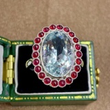 14k Gold 6.07 Ctw Natural Aquamarine & Ruby Ring