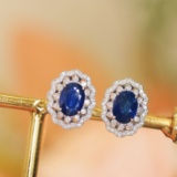 14k Gold 2.61 Ctw Vivid Blue Natural Sapphire & Diamond Earrings