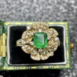 14k Gold 0.9 Ct Vivid Green Natural Emerald & Diamond Ring