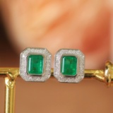 14k Gold 1.42 Ctw Vivid Green Natural Emerald & Diamond Earrings