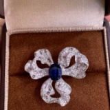 14k Gold 4.08 Ctw Natural Sapphire & Diamond & Flowers Ring