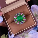 14k Gold 8.04 Ctw Vivid Green Natural Emerald & Diamond Ring