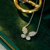 14k Gold 0.91 Ctw Vivid Green Natural Emerald & Diamond & Butterfly Necklace