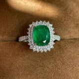 14k Gold 2.21 Ctw Vivid Green Natural Emerald & Diamond Ring