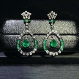14k Gold 1.45 Ctw Vivid Green Natural Emerald & Diamond Earrings