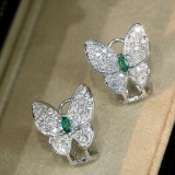 14k Gold 1.06 Ctw Vivid Green Natural Emerald & Diamond & Butterfly Earrings