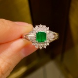 14k Gold 0.74 Ctw Vivid Green Natural Emerald & Diamond Ring
