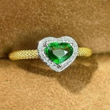 14k Gold 0.62 Ct Vivid Green Natural Tsavorite & Diamond Ring